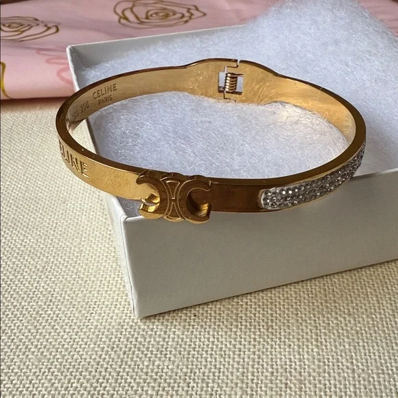 Fashion Bangle Bracelet Gold Bracelet with Silver Crystal Detail - Picture 5 of 10